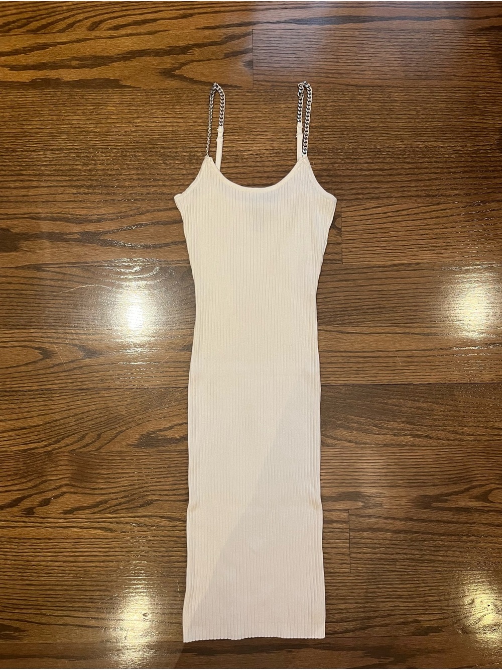 Cream Ribbed Body-con Dress with Chain Straps
